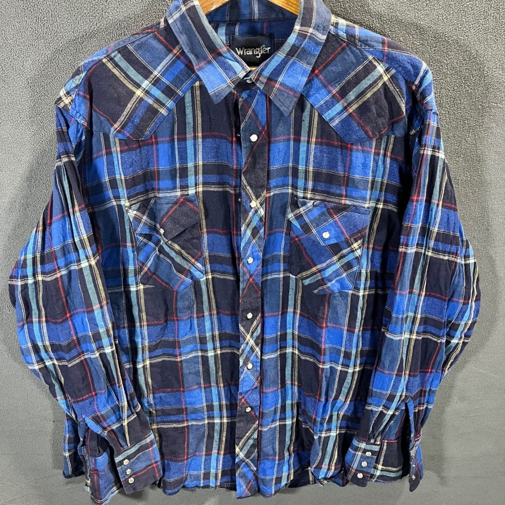 Wrangler Mens Blue Plaid Pearl Snap Western Flannel Shirt Long Sleeve